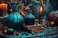 A photo showing a couple of blue vases placed on top of a table